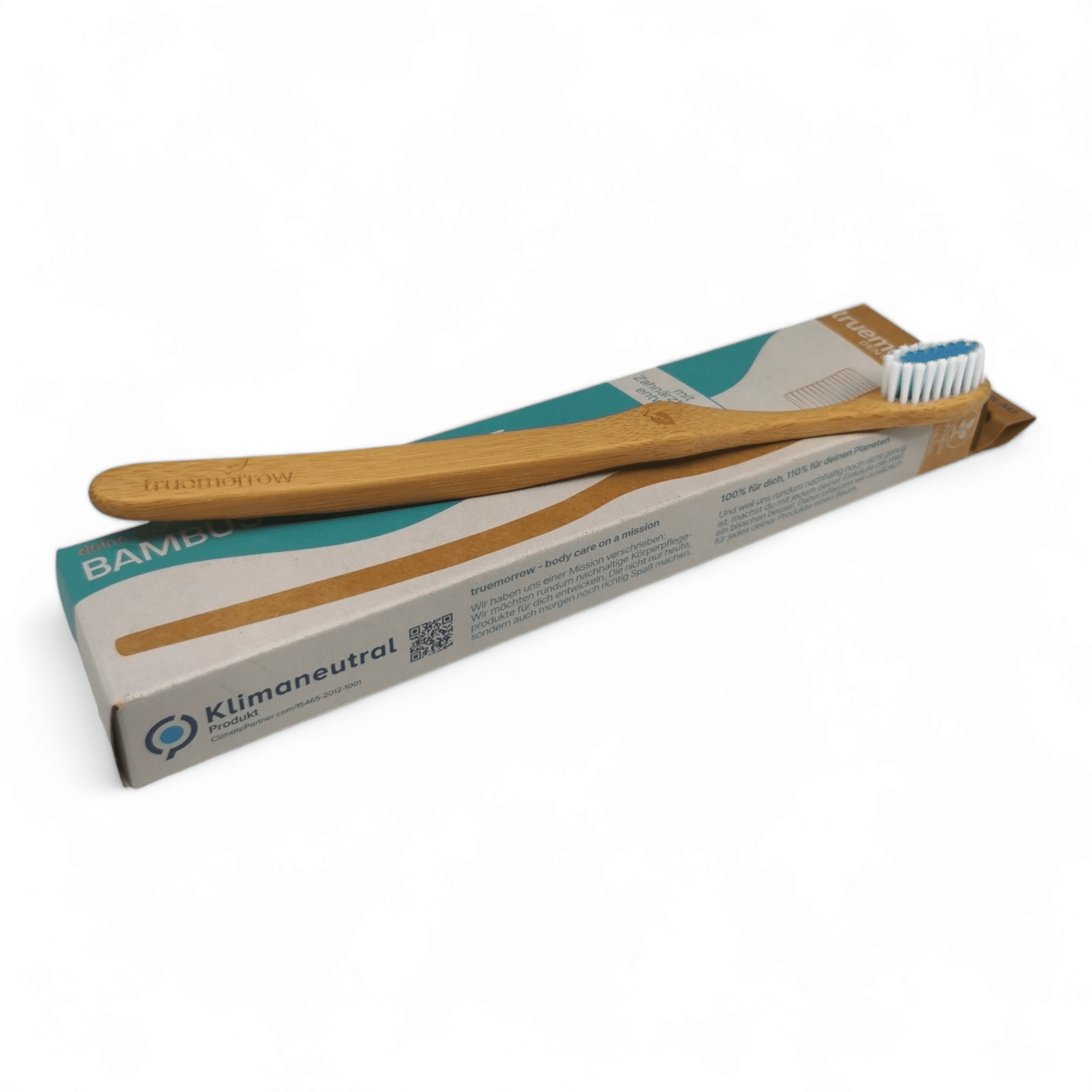 truemorrow Bambus-Zahnbüste mit Kartonage in liegender Position